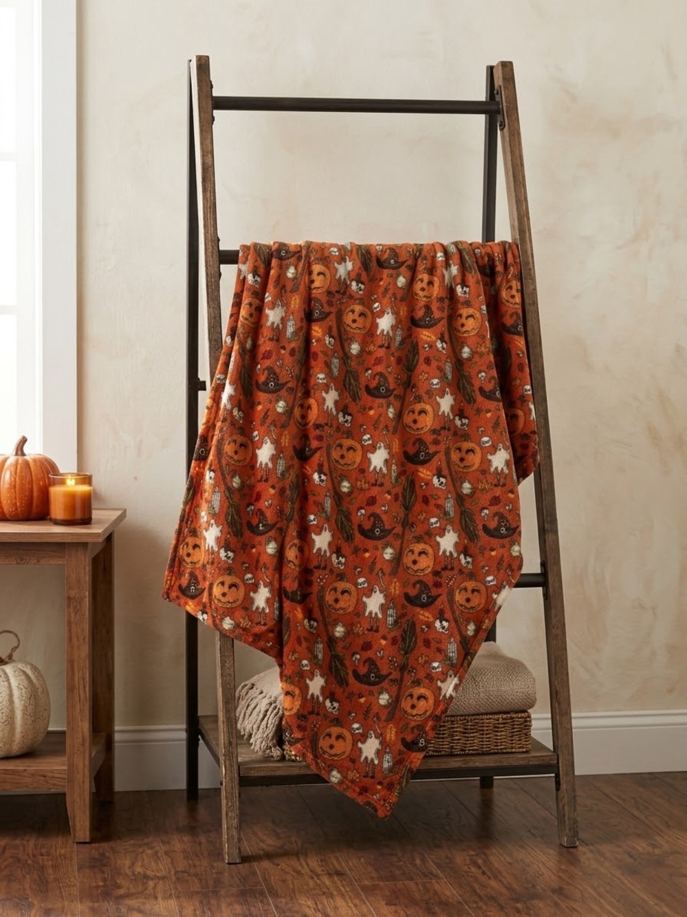 Fable Halloween Pumpkin & Ghost Orange Plush Throw
